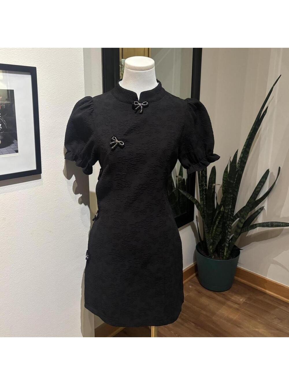 Black Rhinestone Bow Mini Dress Puff Sleeve Coquette Qipao Dress